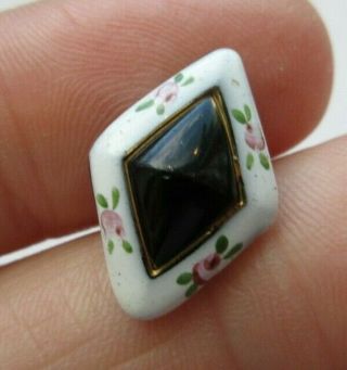Exquisite Antique Vtg Victorian Black Glass Button Painted Enamel Roses (w)