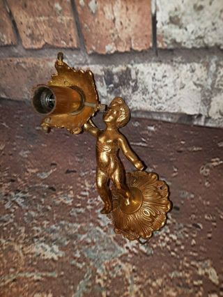Old Antique Vintage French Solid Brass Cherub Wall Light Sconce Down Lighter