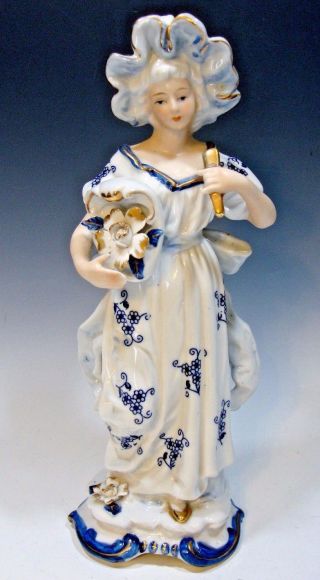 Vintage Kpm Style Victorian Porcelain Figurine - Lady - 10 1/4 " Tall