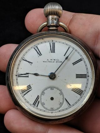 Antique A.  W.  W Co Waltham Pocket Watch Sterling Silver Open Face English