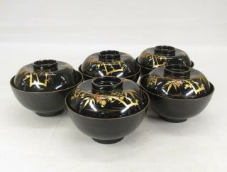 H209 Japanese lacquer ware 5 covered bowls with MAKIE of bamboo,  plum,  sparrow 2