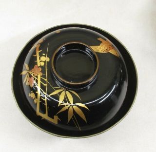 H209 Japanese lacquer ware 5 covered bowls with MAKIE of bamboo,  plum,  sparrow 3