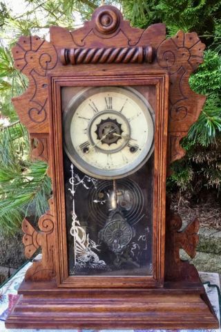 Large Antique Waterbury Mantel Clock Running And Striking Well With Alarm