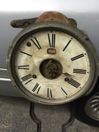 Antique International Time Recorder Ibm Key Wind Clock Movement & Iron Bracket
