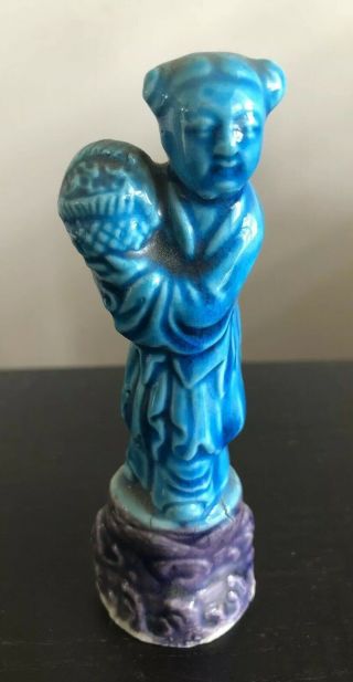 Antique Chinese Republic Blue Glazed Biscuit Porcelain Robed Immortal Goddess