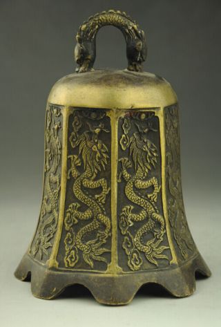Chinese Buddhism Temple Brass Copper Dragon Beast Statue Bell E01