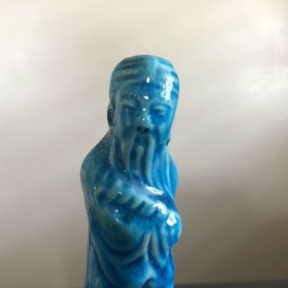 Signed Antique Chinese Republic Blue Glazed Biscuit Porcelain Robed Immortal God
