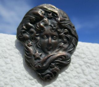 Old French White Art Nouveau Lady w/Stars Vintage Antique Metal Picture Button 2