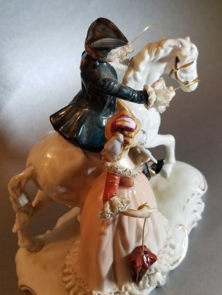 Vintage German Dresden Lace Colonial Couple Man On Horse Woman With Fan Figurine