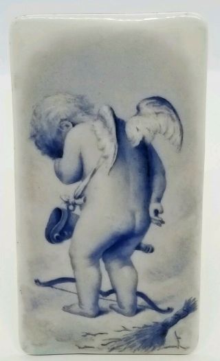 Antique Cupid Punished Porcelain Hand Painted Numbered Plaque Blue White Cherub