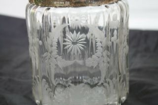 Antique Etched Glass Silver Plate Trim Biscuit Jar Acorn Carved Finial Fern Leaf 2