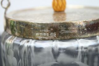 Antique Etched Glass Silver Plate Trim Biscuit Jar Acorn Carved Finial Fern Leaf 3