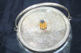 Antique Etched Glass Silver Plate Trim Biscuit Jar Acorn Carved Finial Fern Leaf 5