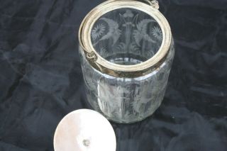 Antique Etched Glass Silver Plate Trim Biscuit Jar Acorn Carved Finial Fern Leaf 6