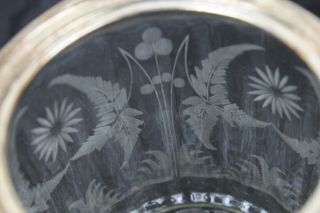 Antique Etched Glass Silver Plate Trim Biscuit Jar Acorn Carved Finial Fern Leaf 7