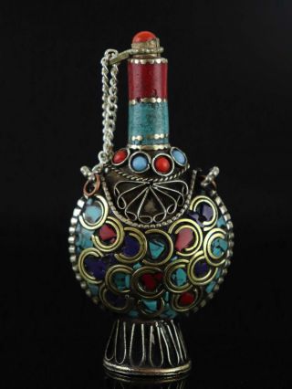 Cloisonne Carve China Tibetan Culture Inlay Red Turquoise Precious Snuff Bottle