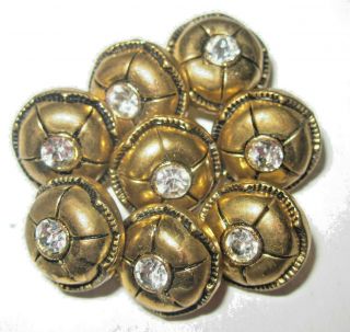 8 Antique Vintage Brass Clear Rhinestone Small Buttons 3/8 "