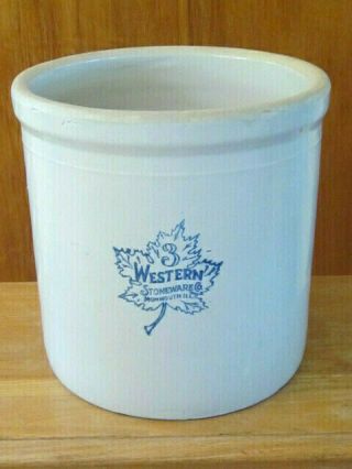 Vtg 3 Gallon Western Stoneware Co Monmouth Pottery Crock W/ Maple Leaf 11 " Tall