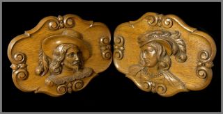 Antique 19th.  C Victorian French Oak Wood Carved Panels Of Middle Age Figures