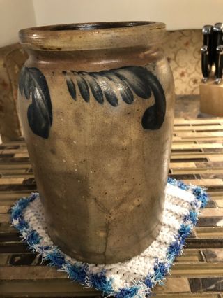 Antique 19th C Stoneware Flower Decorated Small Pennsylvania Jar Crock 9 1/2”