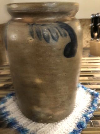 Antique 19th C Stoneware Flower Decorated Small Pennsylvania Jar Crock 9 1/2” 2