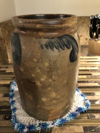 Antique 19th C Stoneware Flower Decorated Small Pennsylvania Jar Crock 9 1/2” 3