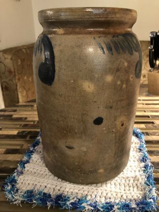 Antique 19th C Stoneware Flower Decorated Small Pennsylvania Jar Crock 9 1/2” 4