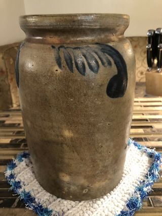 Antique 19th C Stoneware Flower Decorated Small Pennsylvania Jar Crock 9 1/2” 5