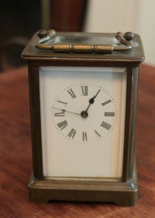 19th C Antique French Petite Brass Carriage Clock Beveled Glass W/ Key