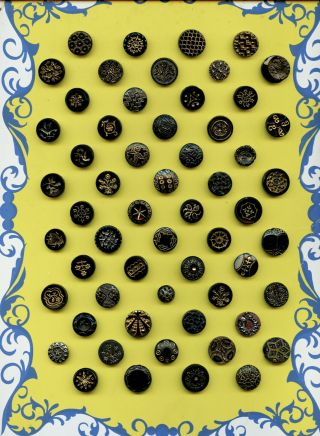 58 Antique Black Glass Buttons With Gold Luster Inlay Largest 3/4 " 007