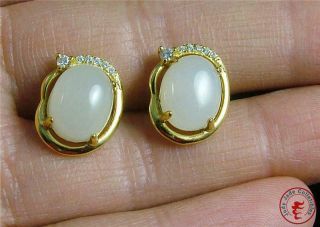 A Fine Chinese Natural White Nephrite Jade Earrings Gilt Silver Hook