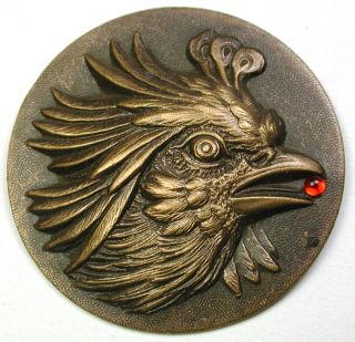 Lg Sz Antique Brass Button Detailed Rooster Head W/ Ruby Glass Cabochon 1 & 3/4 "