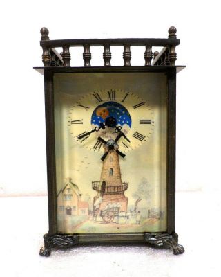 Interesting Animated Windmill Novelty Carriage Clock With Day/night Moon Dial