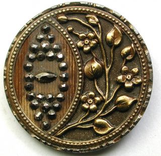 Antique Steel Cup Button W/ Brass Flowers Crescent & Cut Steel Spindle 1 & 1/4 "