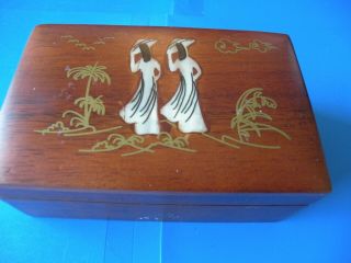 Antique Chinese Wood Box Mother Of Pearl Inlay 2 Ladies Trinket Jewelry X7