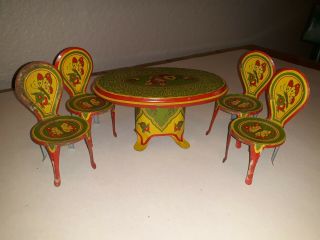 Vintage J Chein Tin Lithographed Toy Dining Table & 4 Chairs Butterfly Design