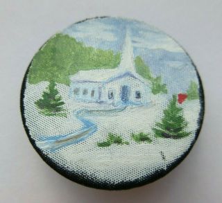 Lovely Antique Vtg Hand Painted Silk Fabric Picture Button Church Scene (z)