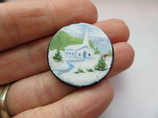 Lovely Antique Vtg Hand Painted Silk Fabric Picture BUTTON Church Scene (Z) 2