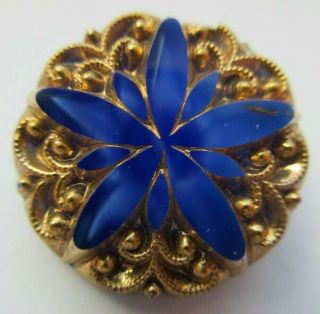 Brilliant Antique Vtg Cobalt Moonglow Glass Button Gold Luster 15/16 " (z)