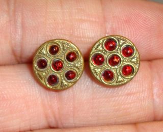 Pair Antique Brass Buttons With Red Glass Jewels 1/2 "
