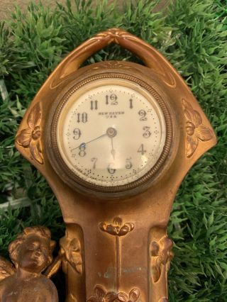 Rare Haven Clock 1900s Antique Brass/Bronze Cupid Cherub Art Nouveau Clock 3
