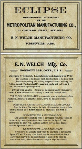 Antique Clock E N Welch Label Eclipse Regulator And Instructions