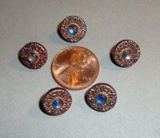 Antique Waistcoat Buttons Aurora Borealis Glass Jewel In Brass Setting