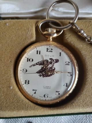 Odum 17 Jewels Incabloc Swiss Made Gold Presentation Pocket Watch Chain & Case 2