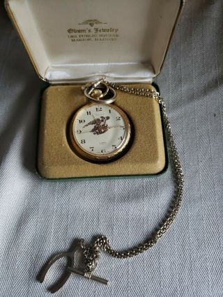 Odum 17 Jewels Incabloc Swiss Made Gold Presentation Pocket Watch Chain & Case 5