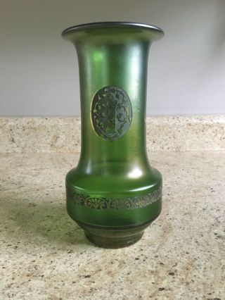 Bohemian Loetz Green Iridescent Art Nouveau Glass Etched Vase