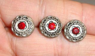 3 Matching Antique Metal Buttons With Red Glass Jewels 1/2 "