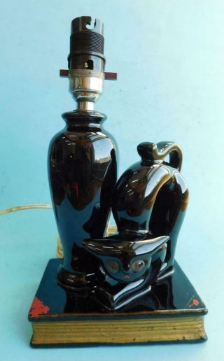 Mid Century Glossy Black Pottery Cat Table Lamp 1950s Retro