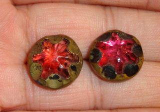 Pair Antique Brass Buttons With Pink Glass Star Centers 1/2 "