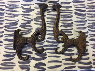 True Antique Cast Iron Set Of 2 Wall Hooks Ornate Detail 8” Tall